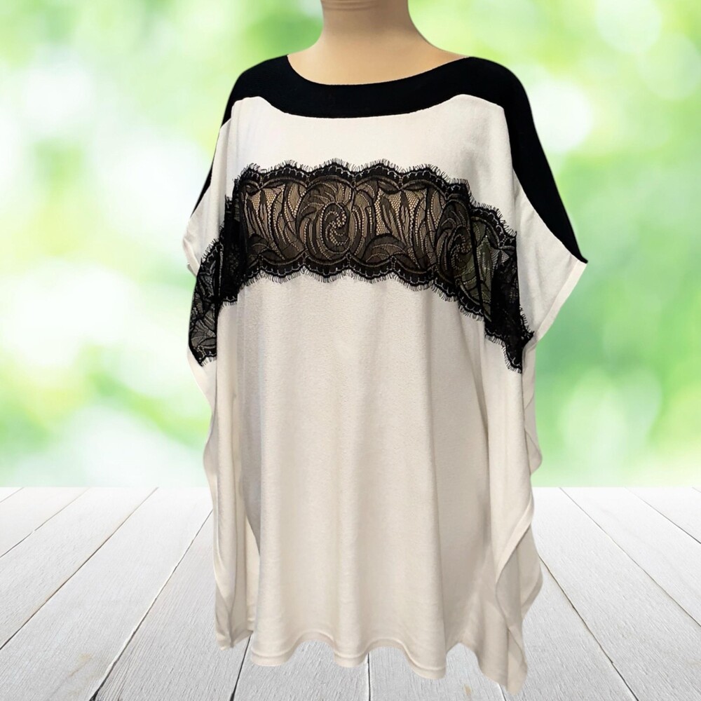 CHICOS Tunic Top Sheer Lace Panel Colorblock Poncho Boho Knit Cream Black Sz S/M